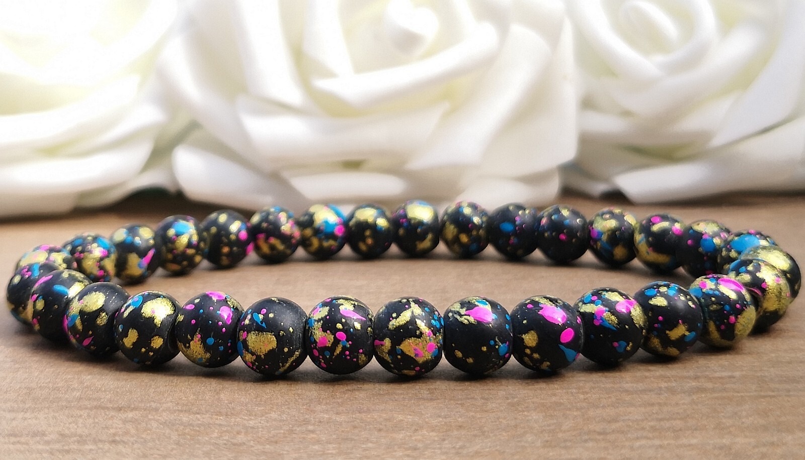 8mm Matte Black Pink Blue & Gold Paint Splatter Effect Glass Beaded Bracelet