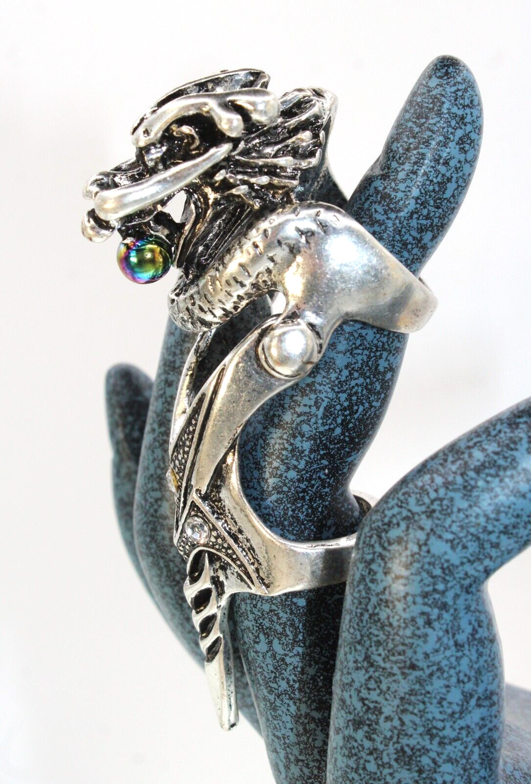 Size 5 Silver Tone Articulated Finger Dragon Orb Knuckle Double Ring Novelty