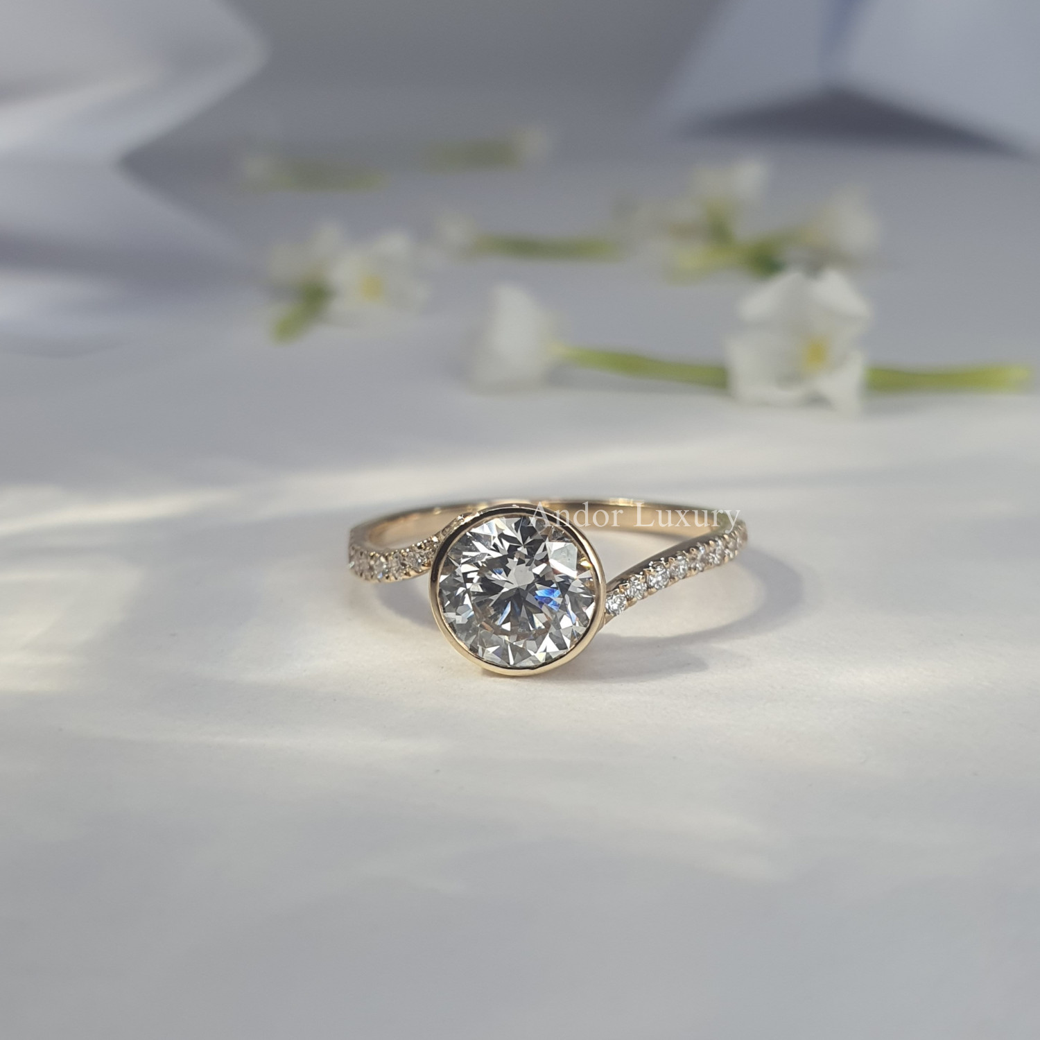 1.24 ct Lab Grown Round Diamond Side Stone Ring in 14K Yellow Gold For Women