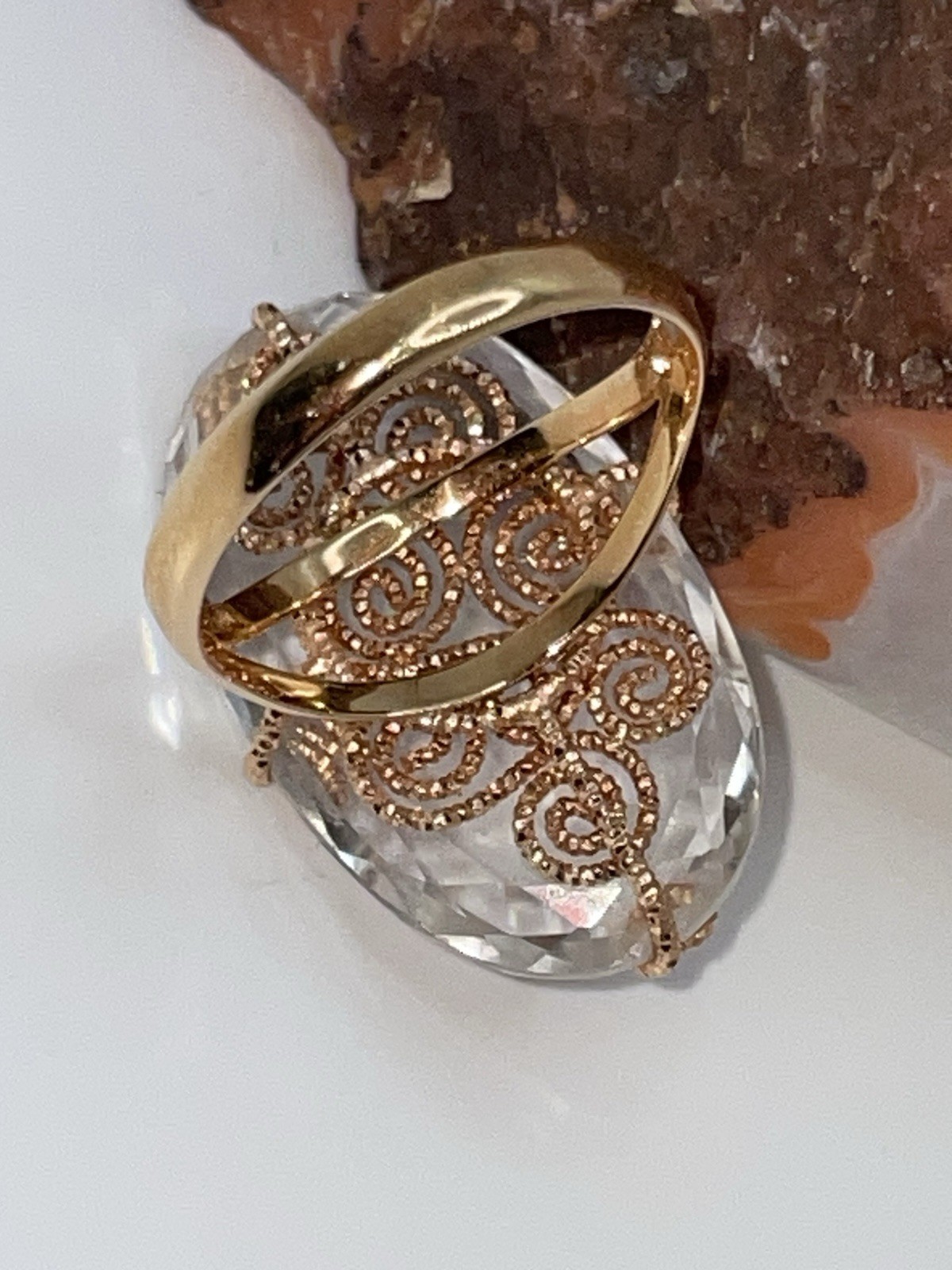 14KT 14K Rose Gold Caged Crystal Filigree RING Statement Italy Milor Size 10.25