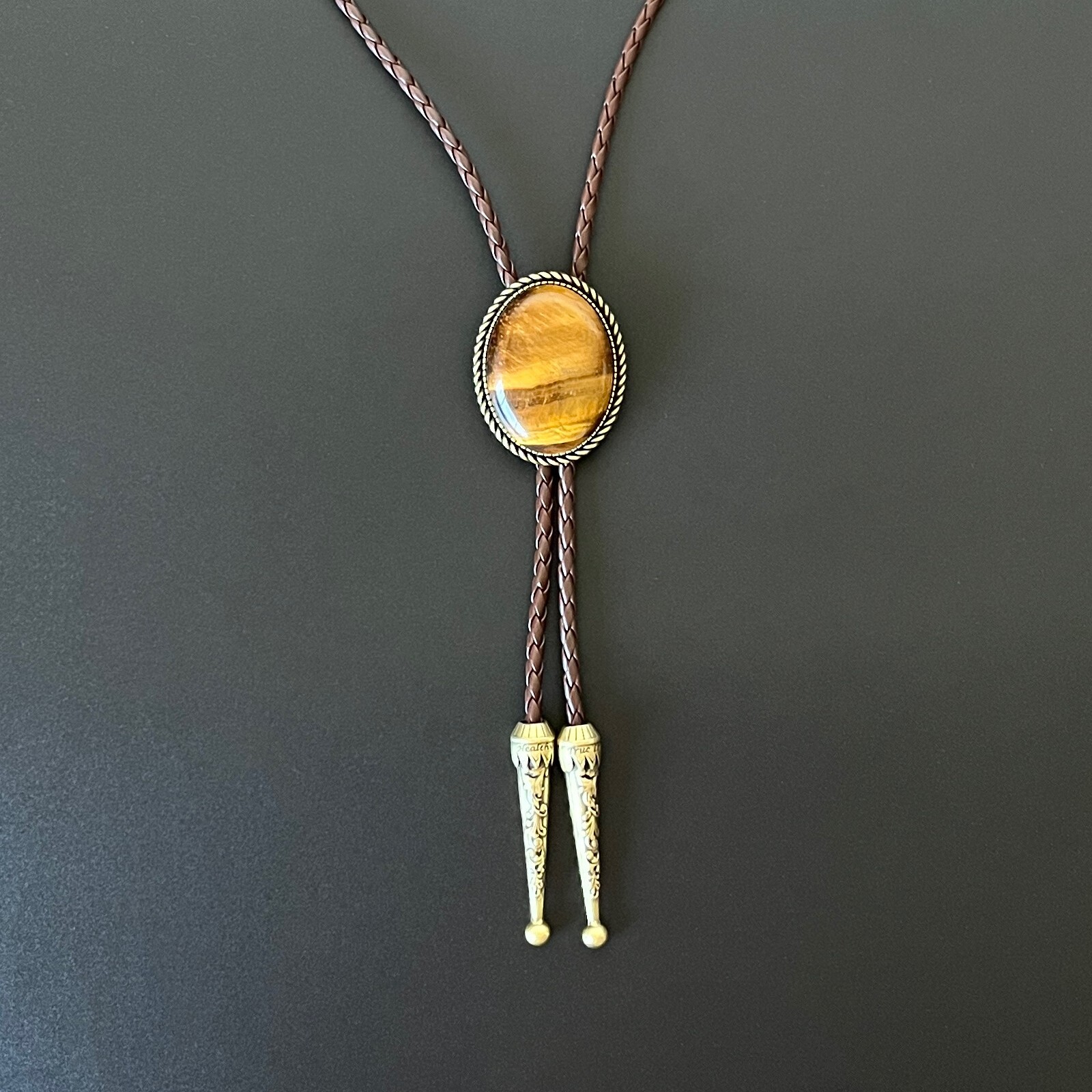 Natural Tiger’s Eye Stone Bolo Tie Western Cowboy Alloy PU Rope Wedding Necklace