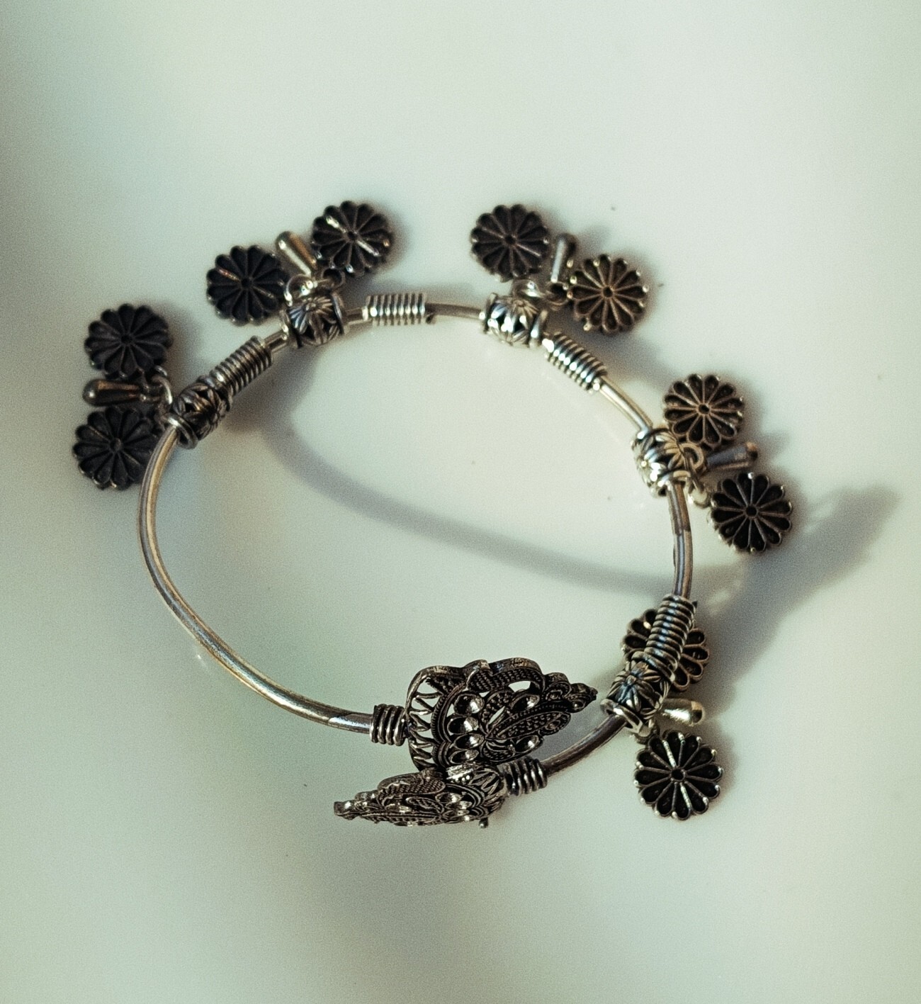 Silver Oxidized cuff adjustable Charm Flower Bracelet Women Partywear Jewelry