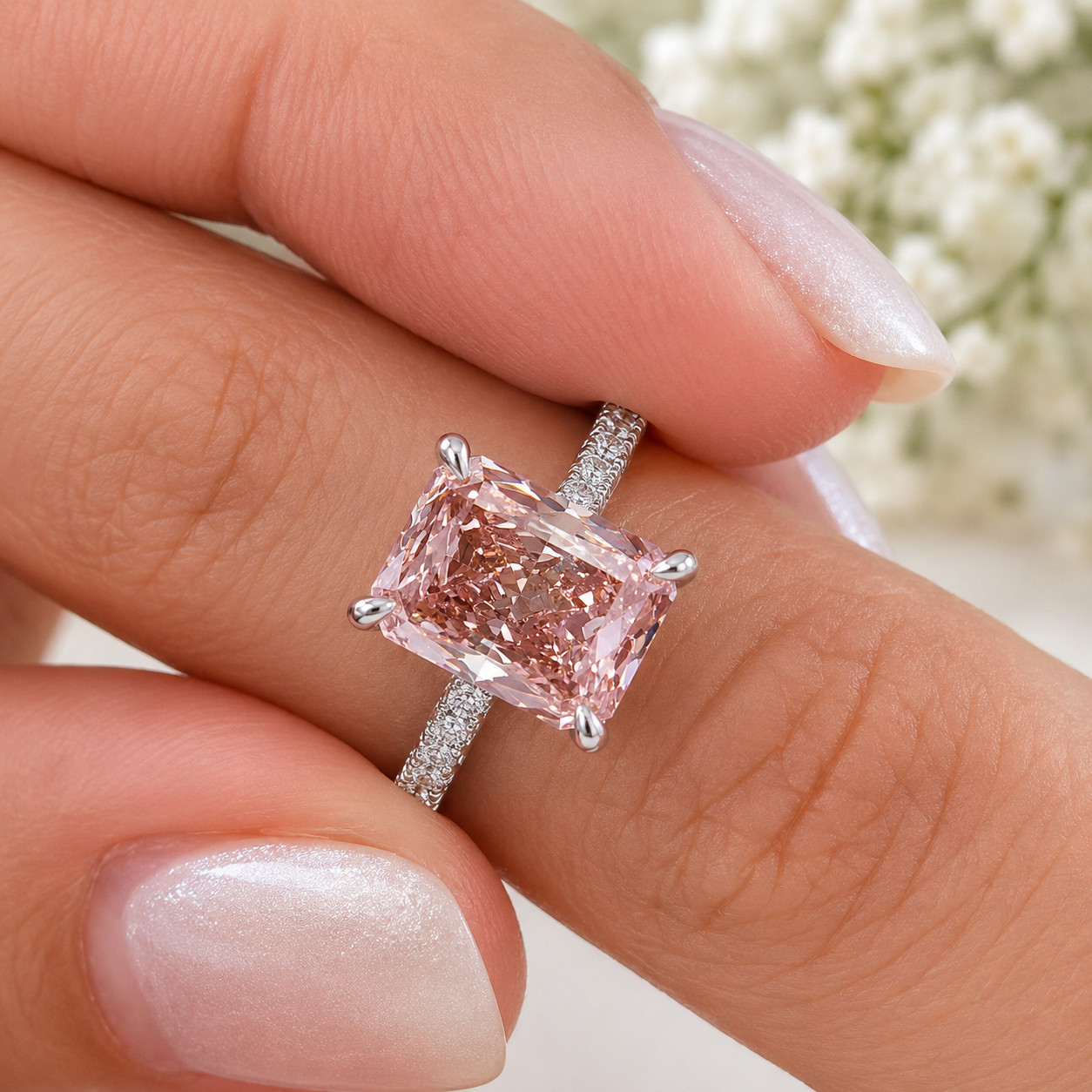 3.75 CT Radiant Cut Fancy Vivid Pink Lab Grown Diamond Women Ring 18K White Gold