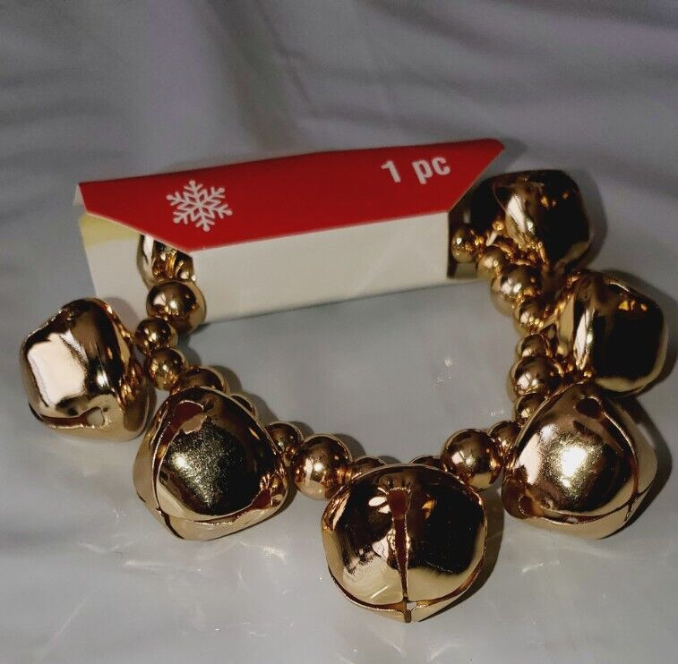 Holiday Christmas Metal Jingle Bell Stretch Bracelet Gold Color NEW