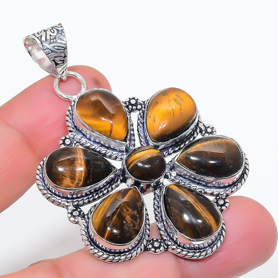 Tiger Eye Gemstone Handmade 925 Sterling Silver Jewelry Pendant Size 2.5″