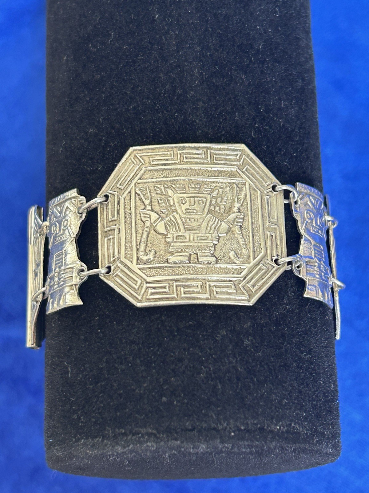 Vintage Estate Sterling Silver Inca Guardians Panel Bracelet Handmade Peru Old