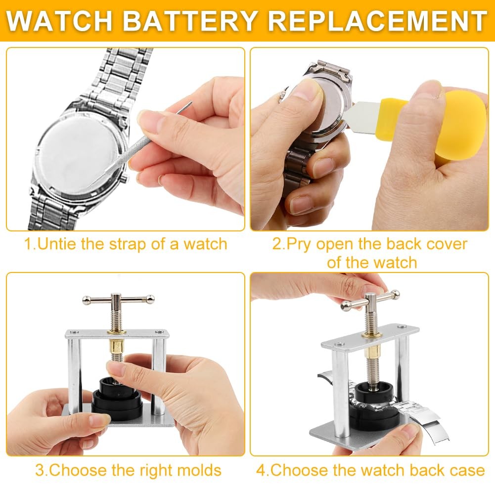 Watch Press Tool Set, Watch Battery Tool Kit, Back Case Closer with 18PC Mold…