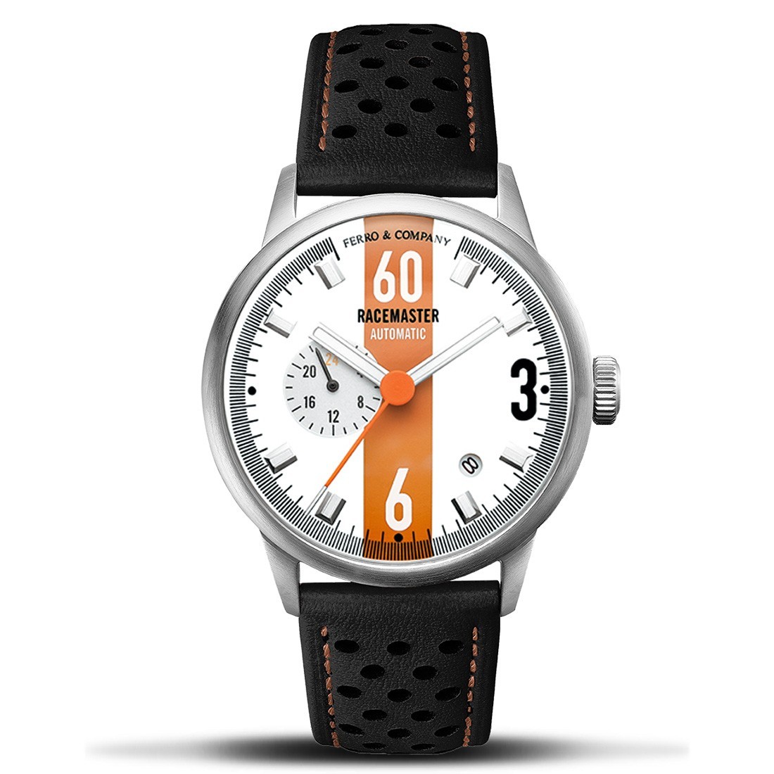 Ferro & Co. Race Master Automatic Steel Black Leather Date Orange Men’s Watch