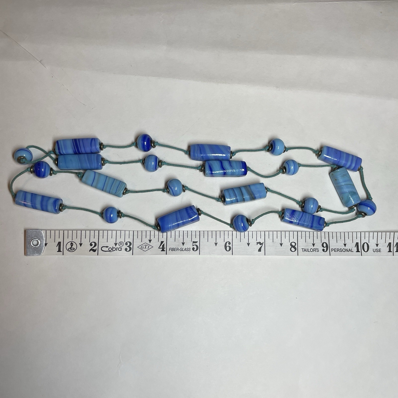 Vintage Handmade Artisan Light Blue & Navy Glass Bead Necklace – Approx 20″