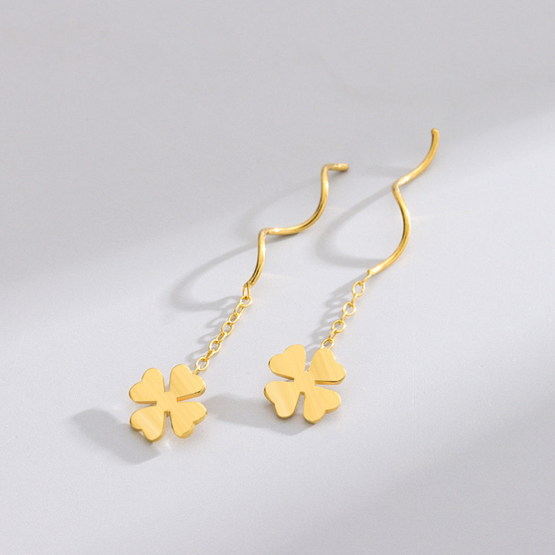 S925 Sterling Silver Wave Clover Dangle Pull Through Threader Stud Earrings K15
