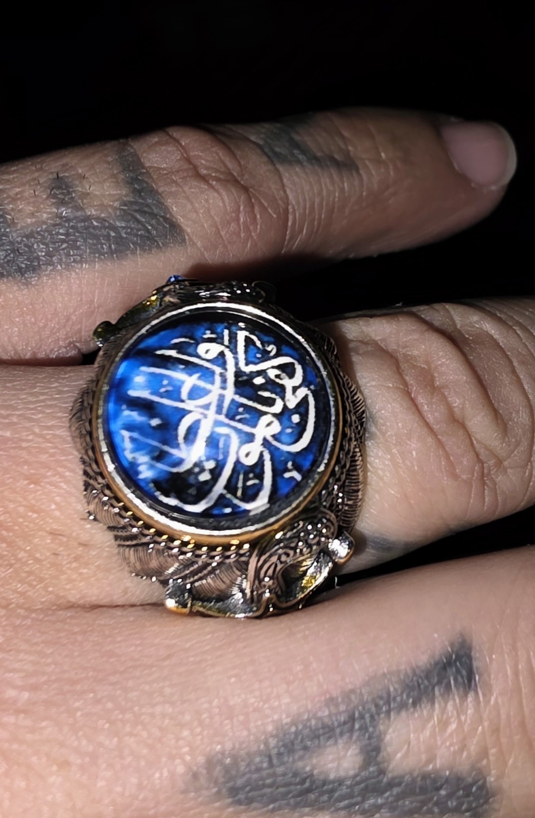 Britnix Blue Round Cabochon Arabic Calligraphy Signet Ring Silver Size 10
