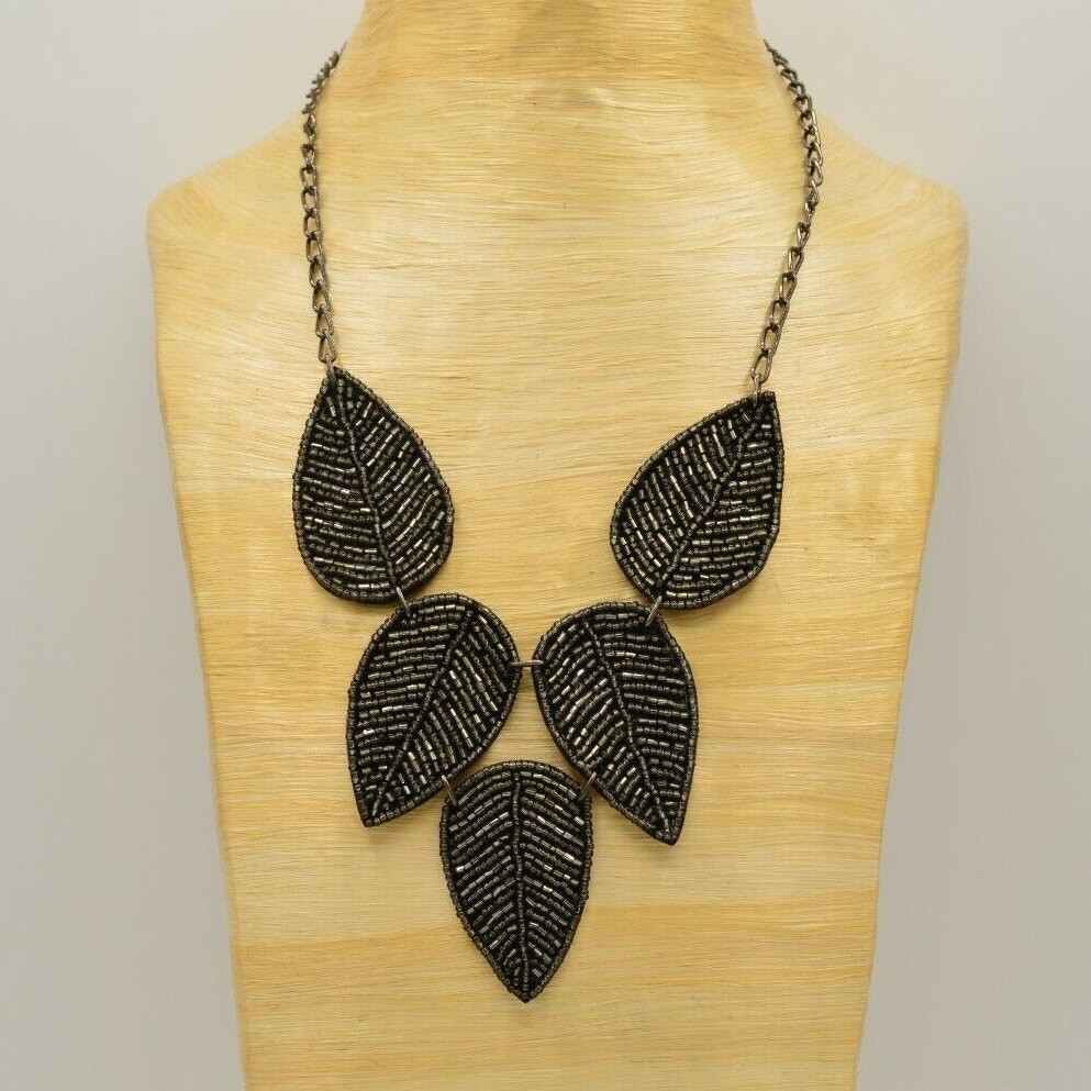 Statement Collar Bib Necklace Black Gunmetal Beaded Leaf Chain Fabric 1990s BinR