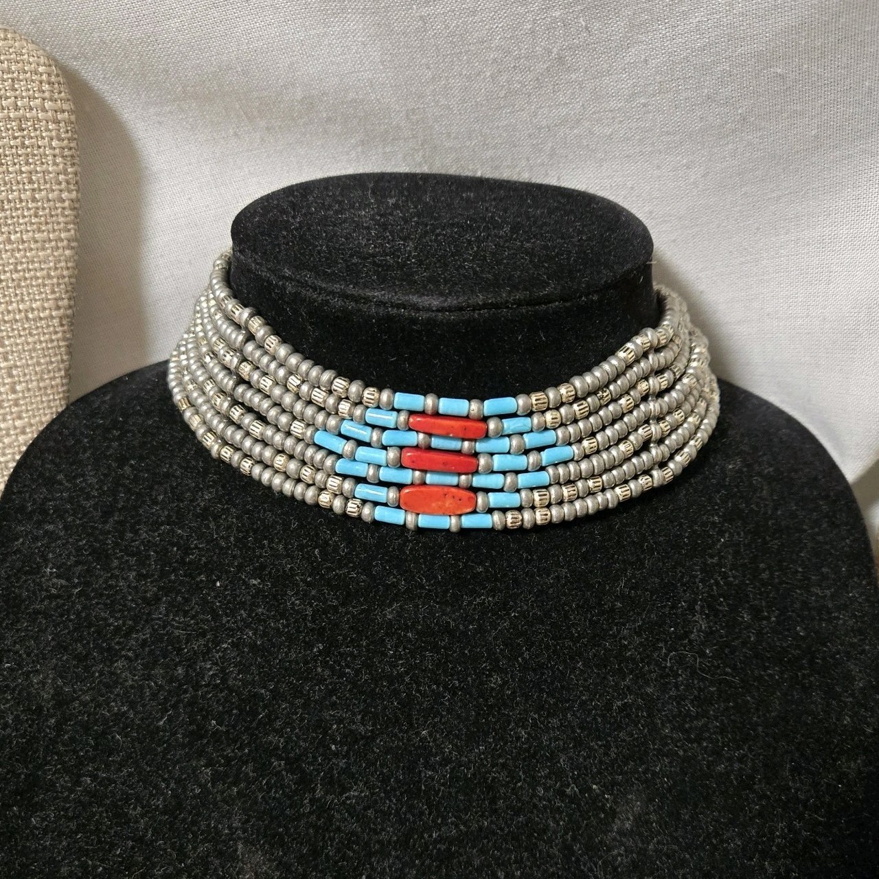 Vtg Signed Ben Amun 15″ Choker Necklace 7 Row Strand Faux Turquoise Coral