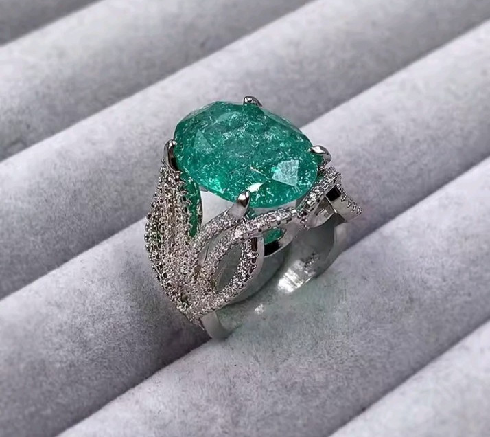 Blue Green Rectangle Moissanite Style Ring Adjustable Statement Party Gift