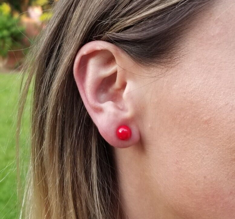 Natural Bamboo Red Coral 6mm Round Ball Stud Earrings Solid 925 Sterling Sliver