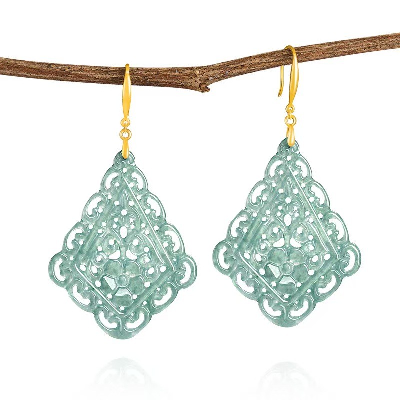 Pure S925 Sterling Silver Blue Jade Jadeite Auspicious Square Dangle Earrings