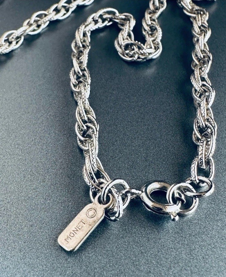 Vintage MONET Tassel Pendant Necklace Silver Tone Rope Chain 28” MCM 1960s EUC