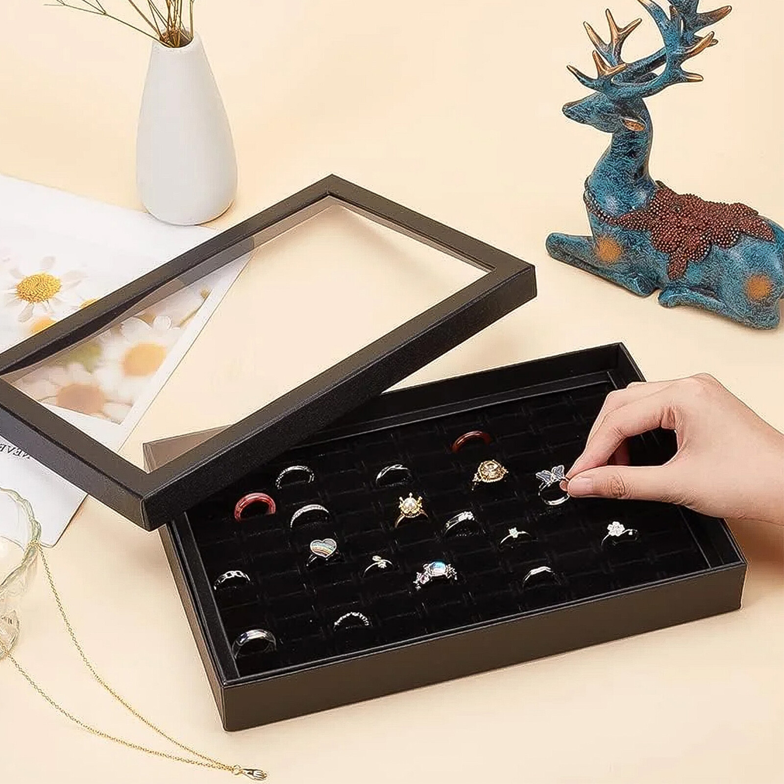 100 Slots Jewelry Rings Display Organizer Tray Holder Earrings Storage Box Case