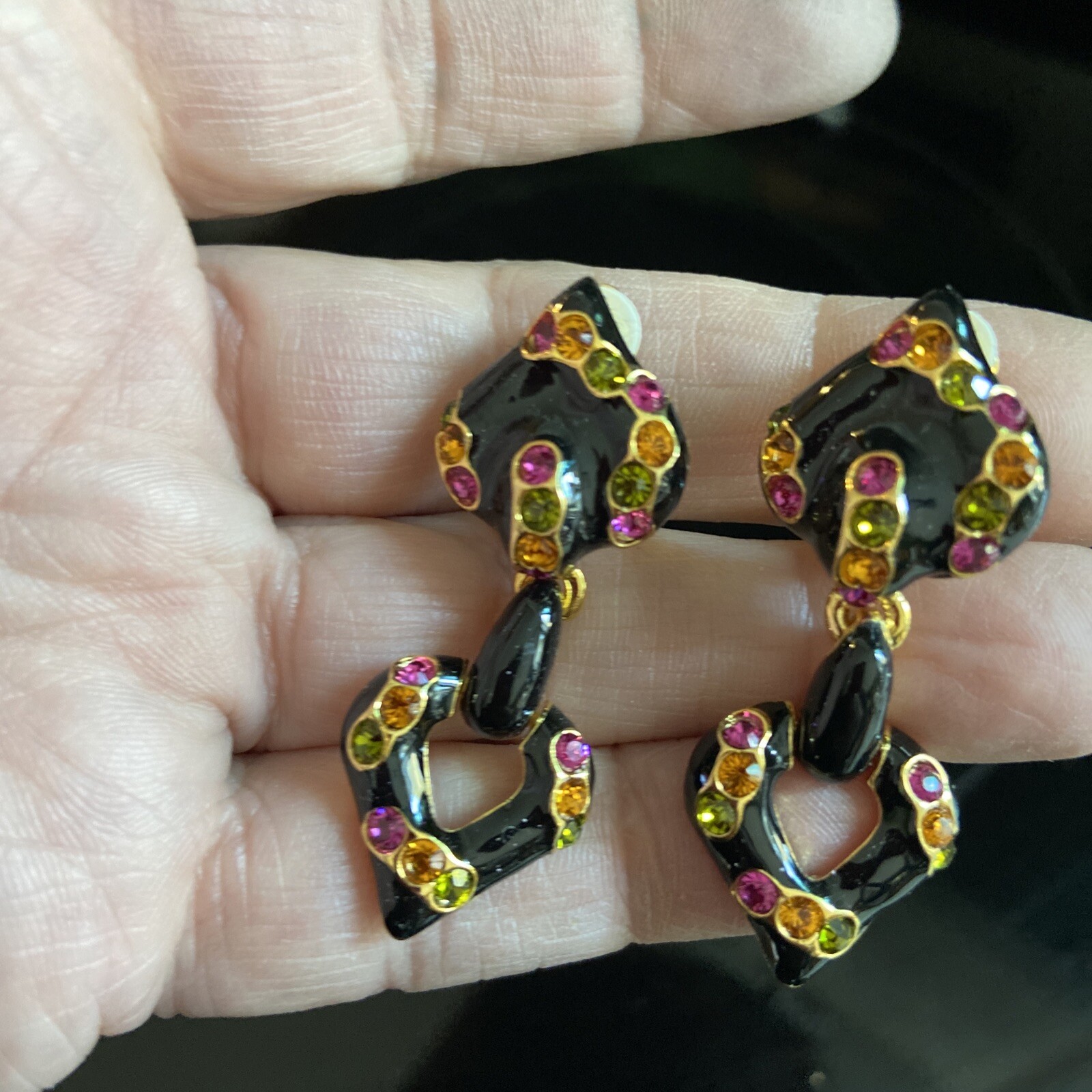 Vintage Shakira Caine Black Enamel Multi Color Rhinestone Clip-on Earrings