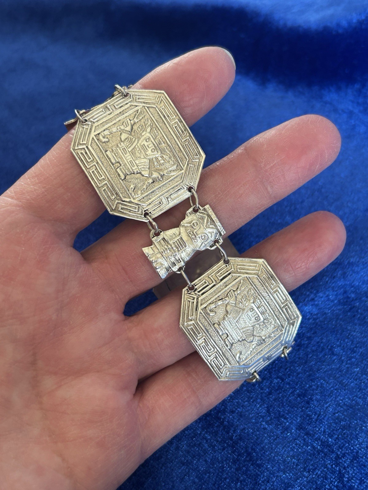 Vintage Estate Sterling Silver Inca Guardians Panel Bracelet Handmade Peru Old