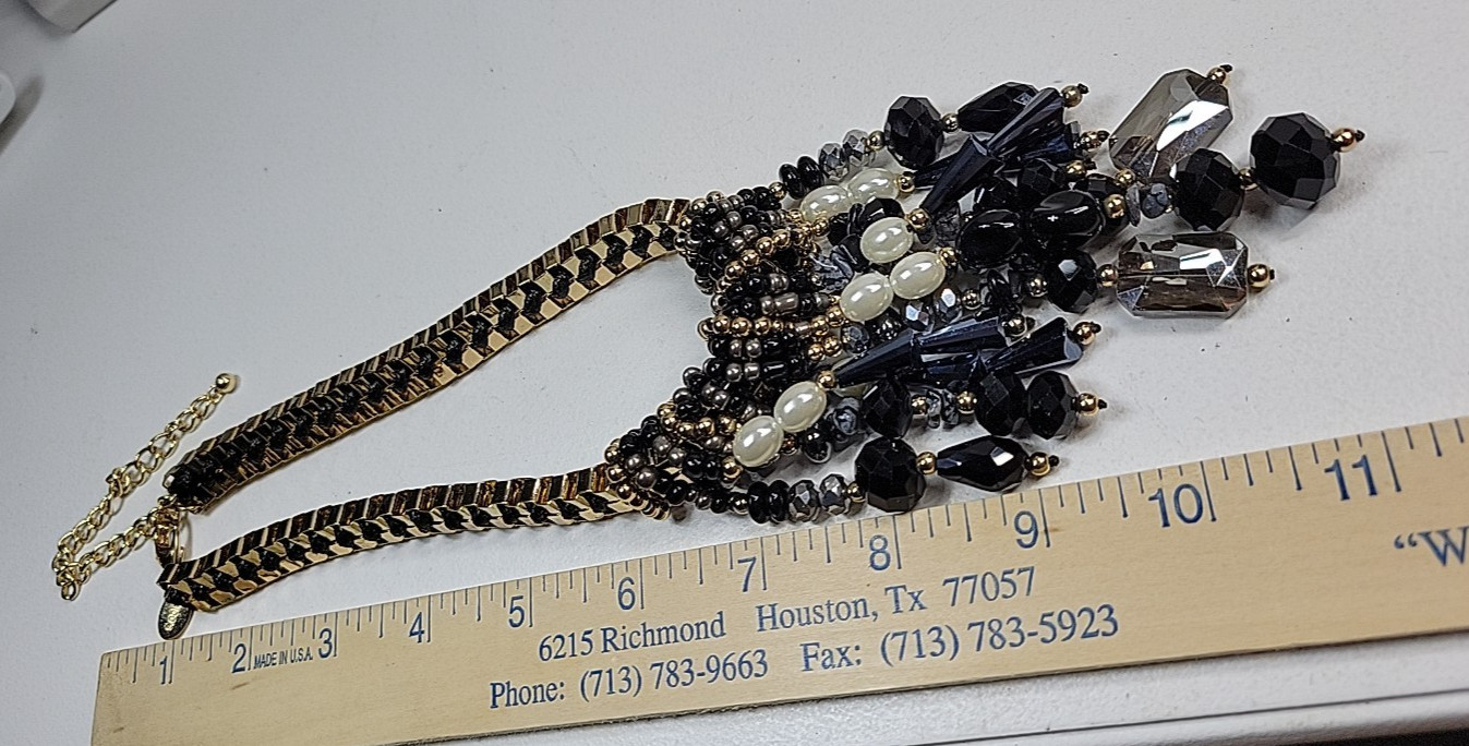 Chico’s Necklace Black Gray White Glass Fringe Bead Chunky Chain Gold Tone 20″