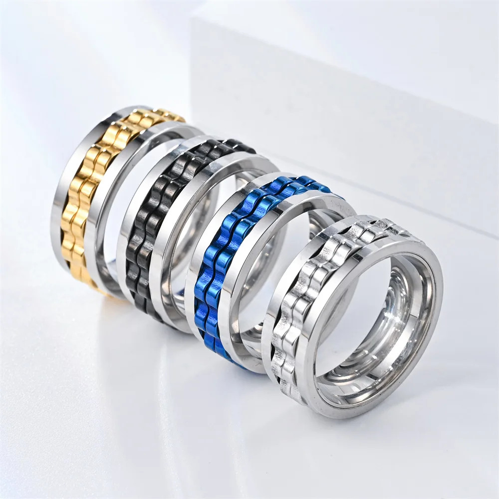 Anti Stress Stainless Steel Ring For Men Gear Chain Rotating Spinning Fidget Rin