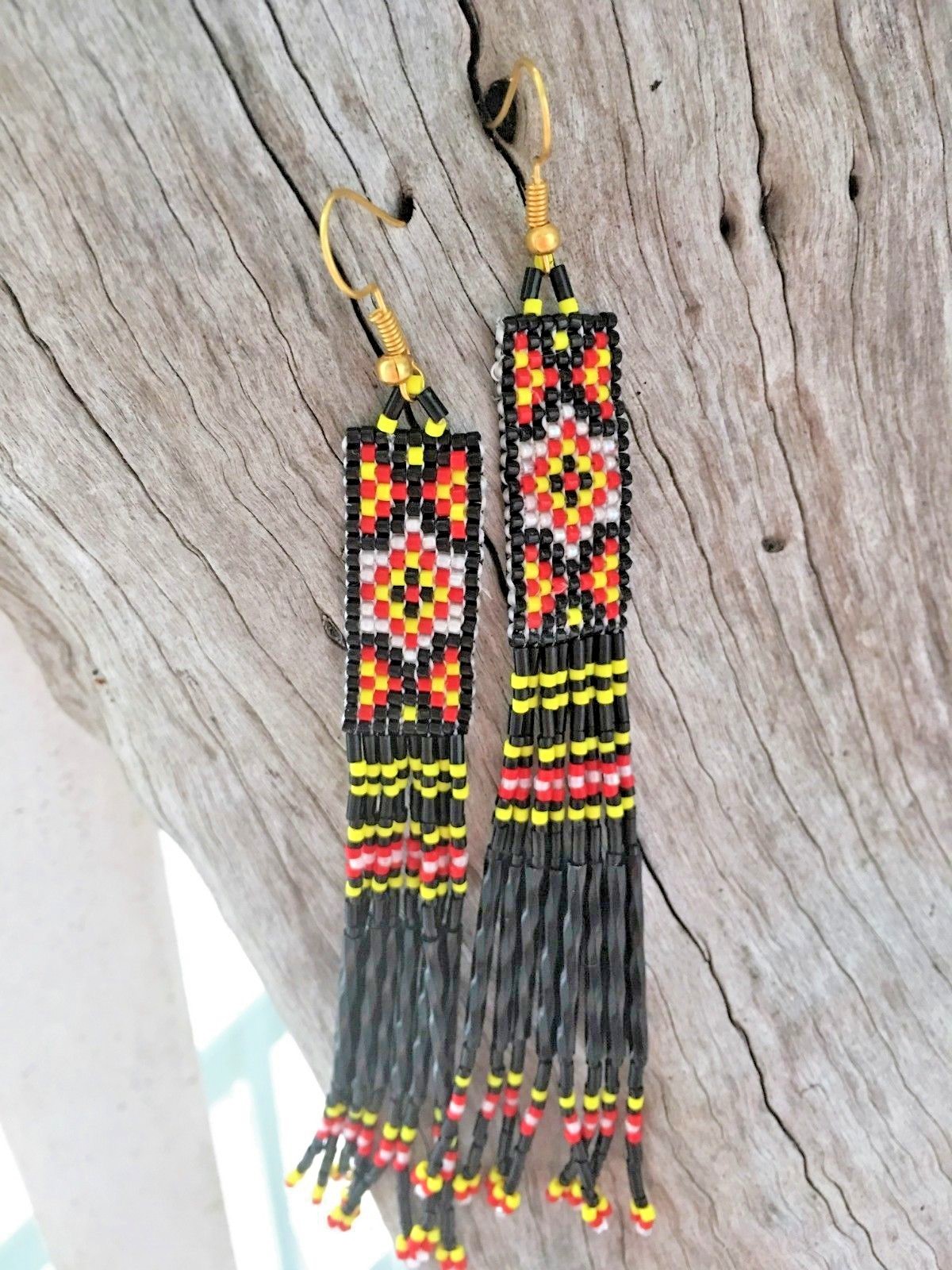 Long Native Style Boho Black Yellow Red Shoulder Duster Beaded Fringe Earrings