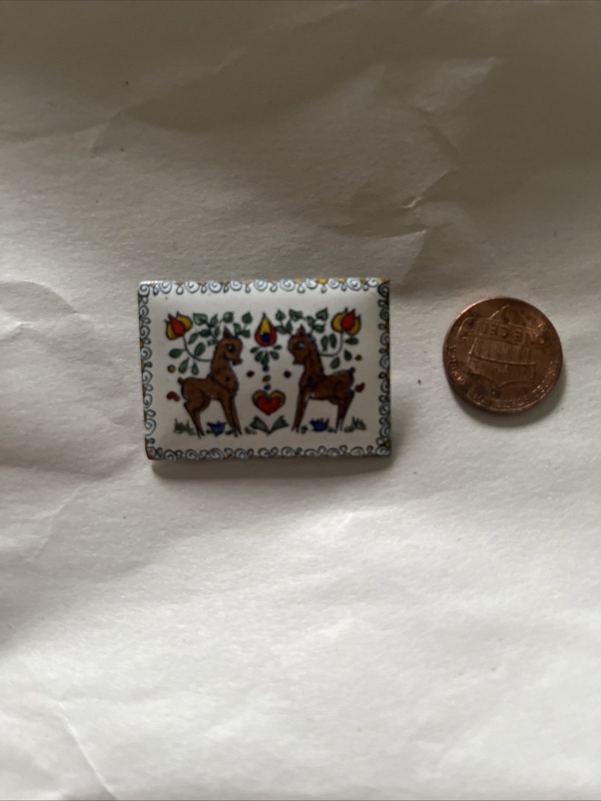 Vintage Metal And Enamel Hand Painted Brooch With Deer