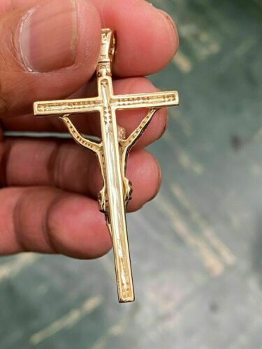 1.80Ct Round Cut Real Moissanite Crucifix Cross Pendant 14K Yellow Gold Plated
