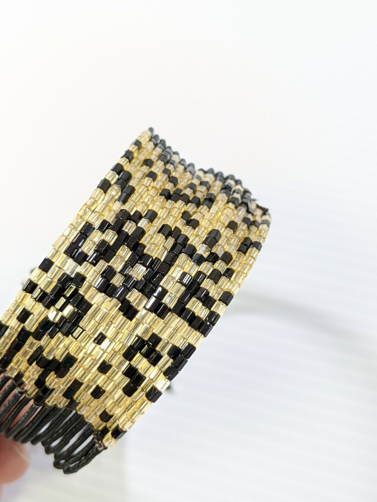 Artisan Black Beige Glass Bead Multi Strand Memory Wire Cuff Bracelet