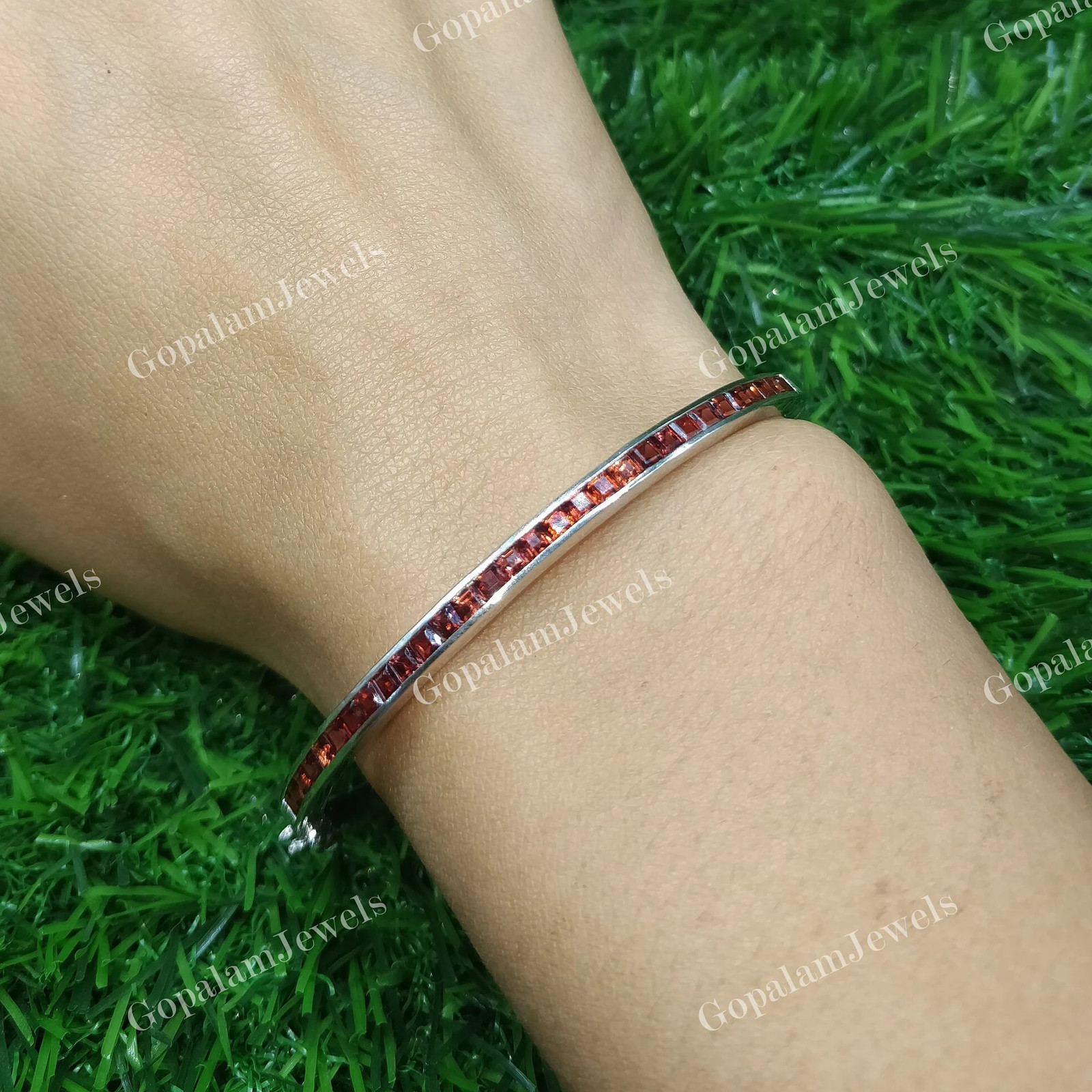 Natural Garnet Bangle: 925 Sterling Silver January Birthstone Jewelry