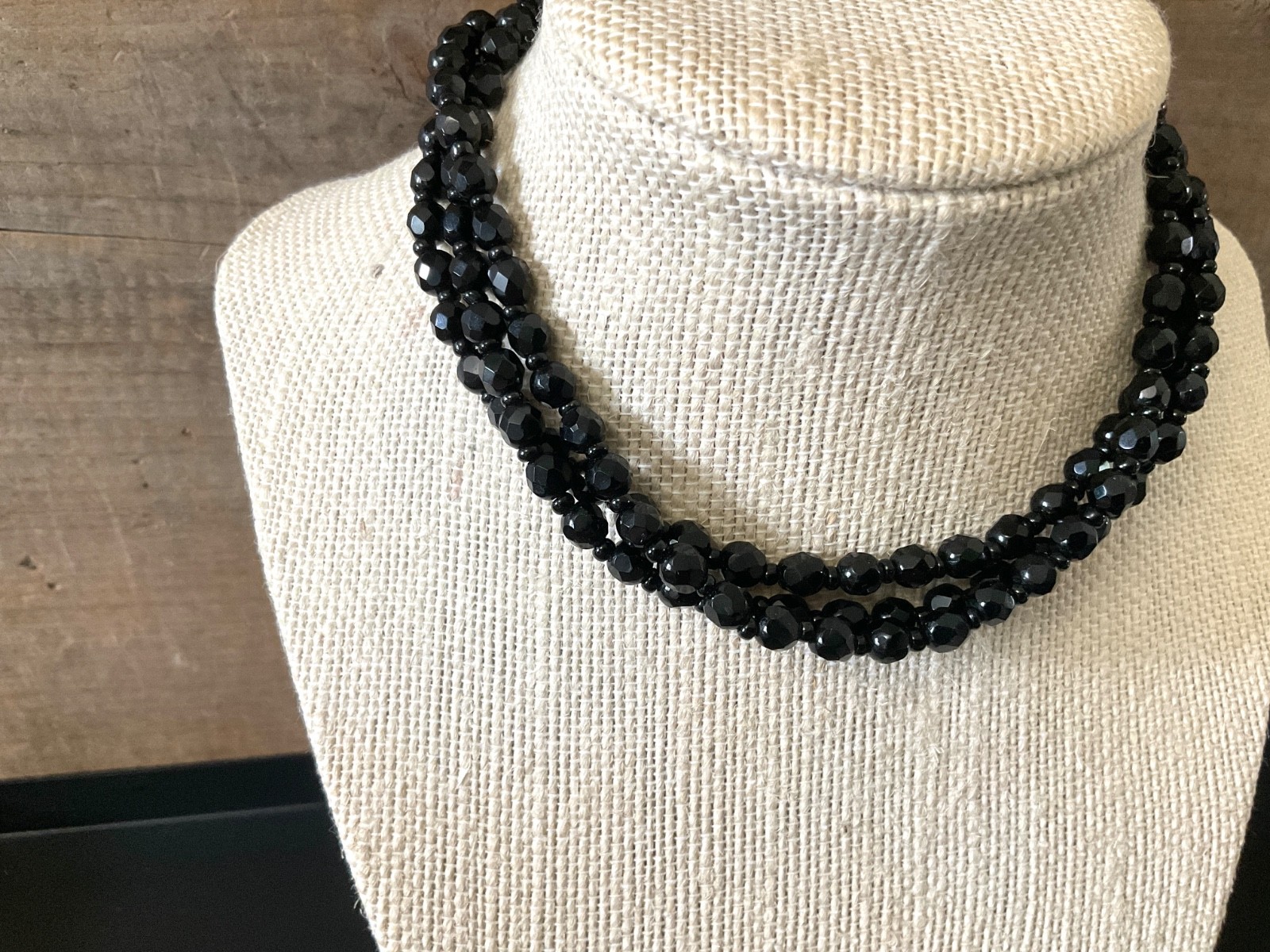 Vintage Black Glass Beaded Necklace Art Deco Adjustable Choker Antique Jewelry