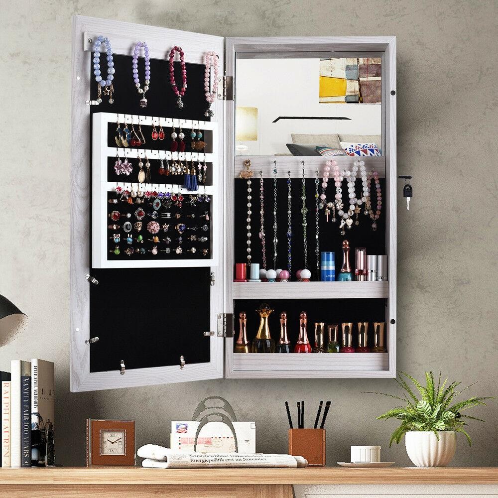 Hanging Wall Mount Photo Display Jewelry Armoire Cabinet Organizer Box W/ Mirror