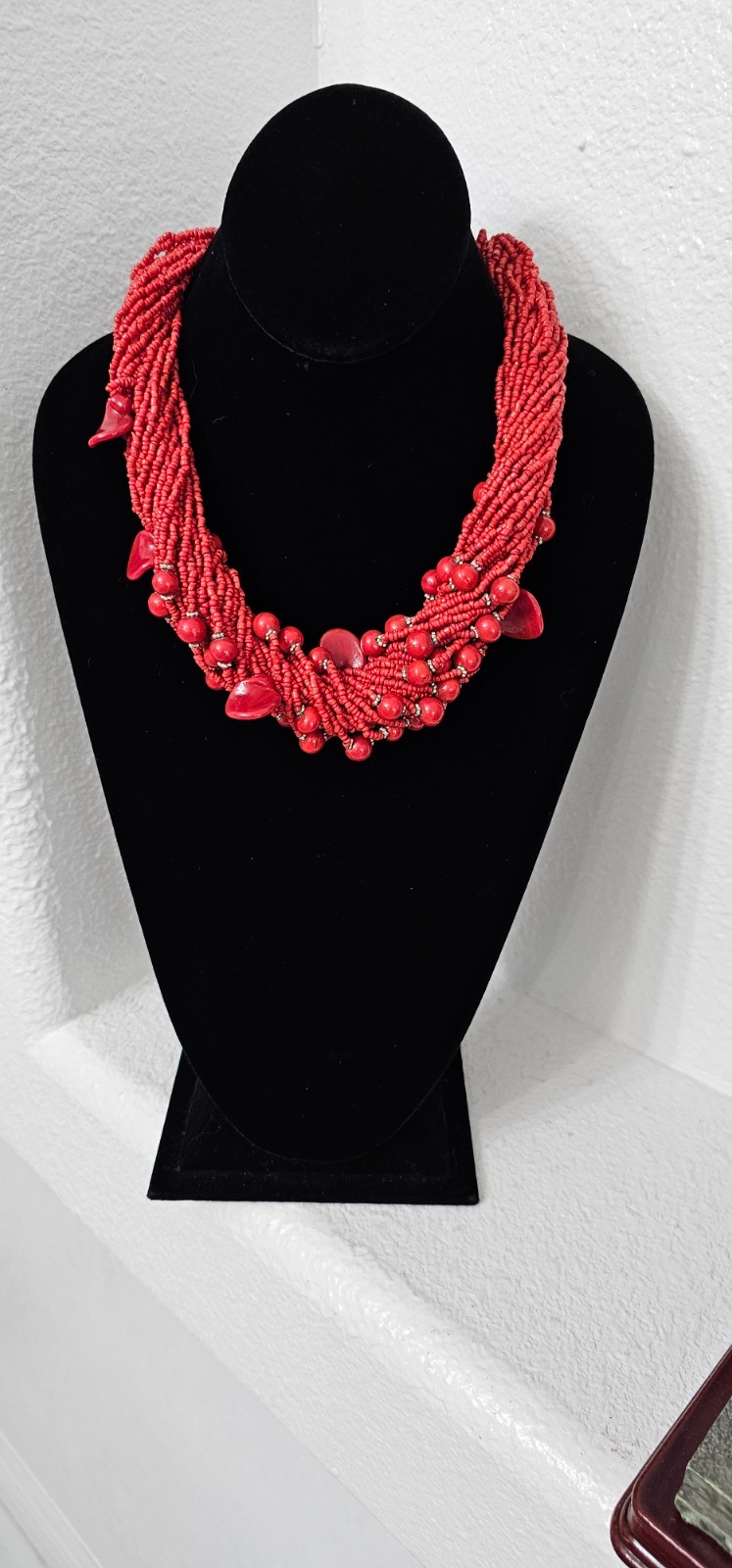 Hand made 30 strand tiny red coral bead fashion necklace great statement pc 21”