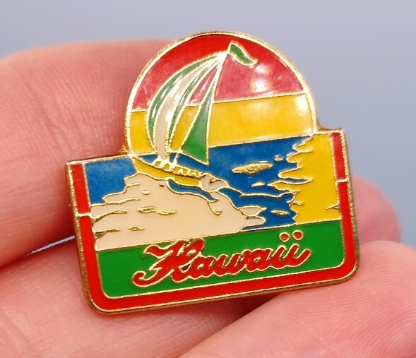 Vintage Hawaii Sailboat Lapel Hat Pin Enamel Red Green Yellow Blue Gold Tone