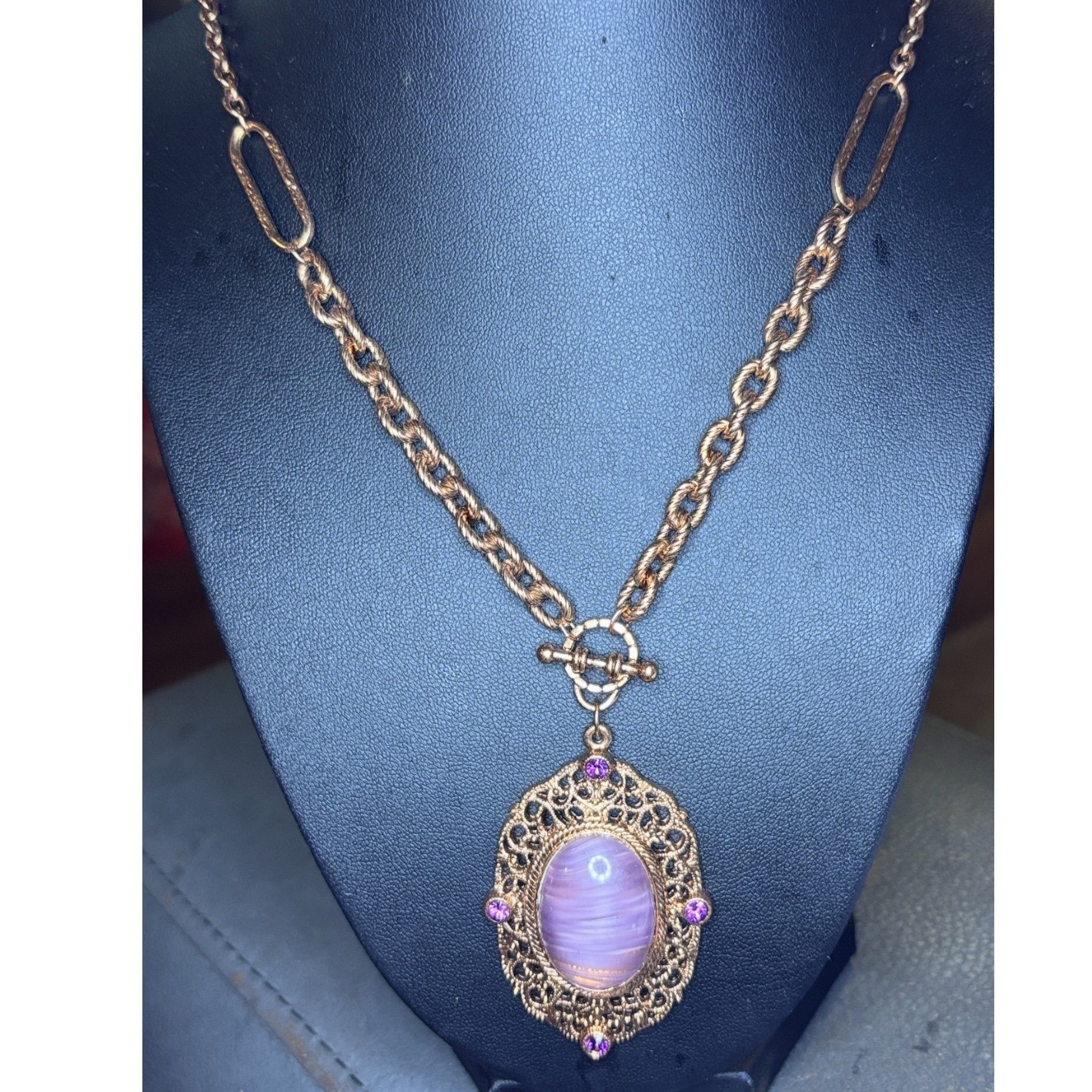 Amethyst Glass Quartz & Amethyst Crystal Filigree Pendant Necklace 30″