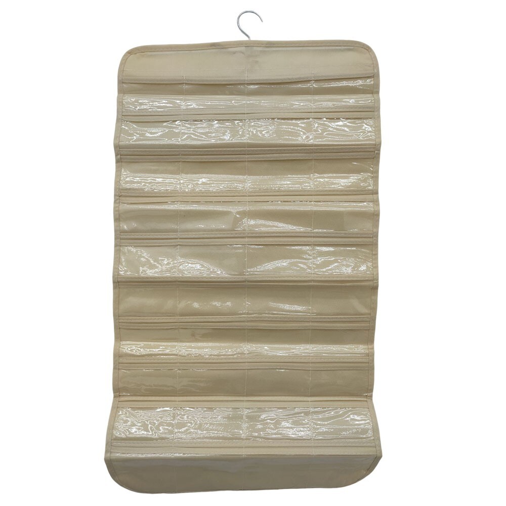 80 Pocket Hanging Jewelry Organizer Non-woven Fabrics Vinyl Metal Hanger Beige