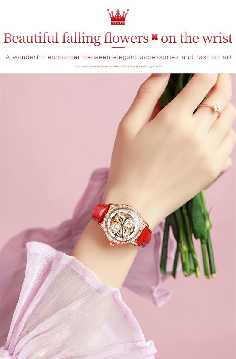 OLEVS 6612 Leather Ceramic Fashion Automatic Female Dress Mechanical Wristwatch