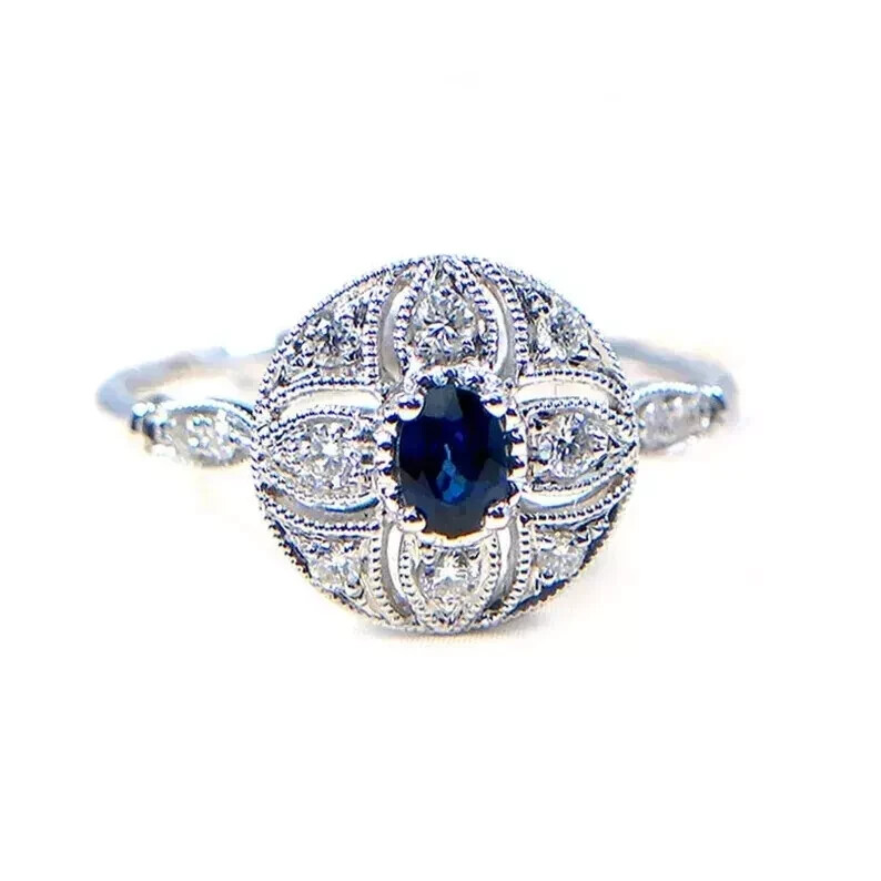 Art Deco Style Oval Sapphire Lab Created Diamond 14K White Gold FN Wedding Ring