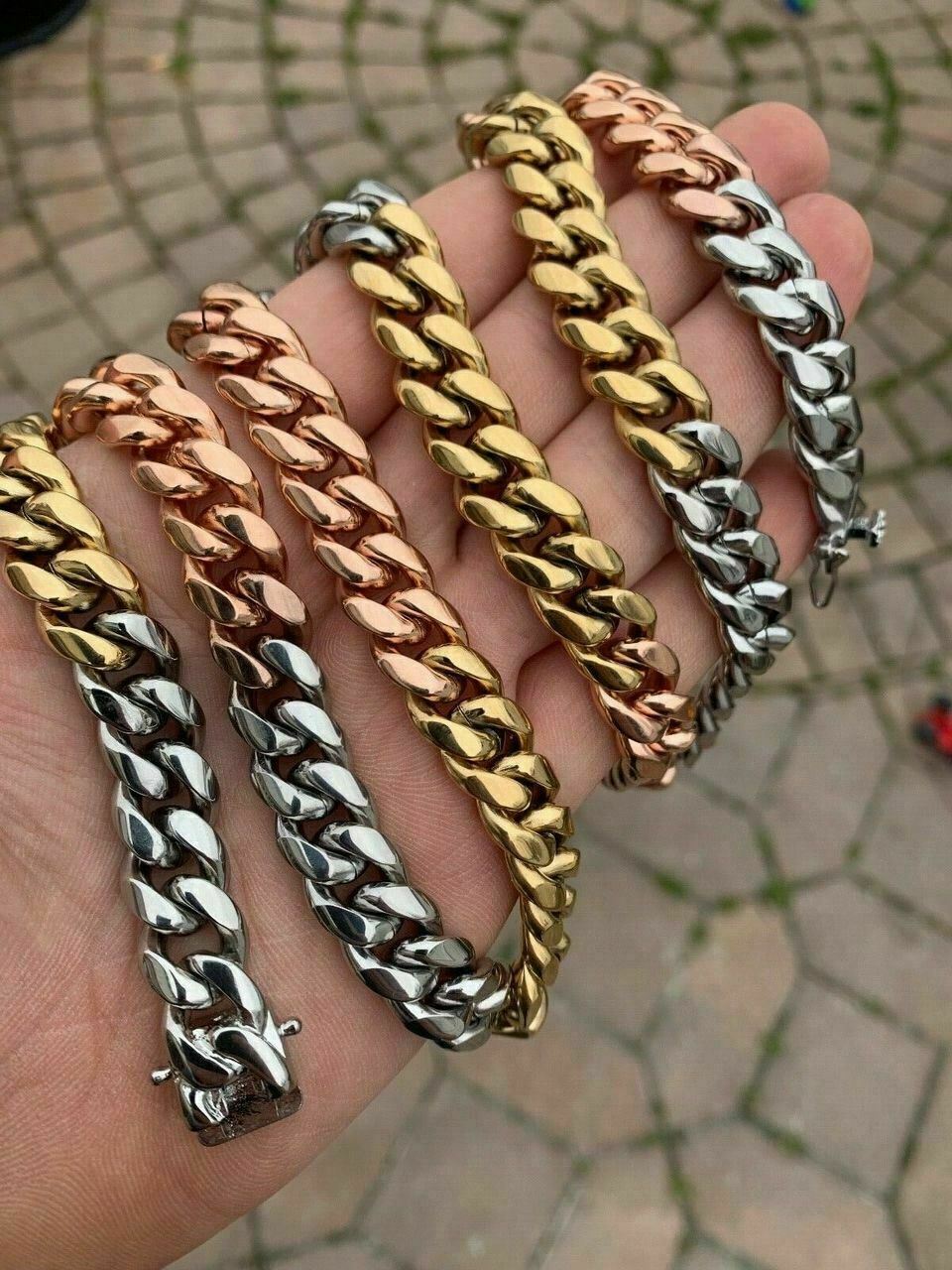 12mm Men’s Miami Cuban Link Chain 3 Tri Color Real Gold Plated Stainless 18-30″