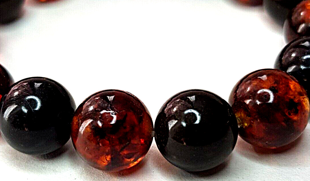 Real Baltic Amber Boho Round Beads 9 mm, Bracelet 16 cm 6.3”, Red Cherry, Black