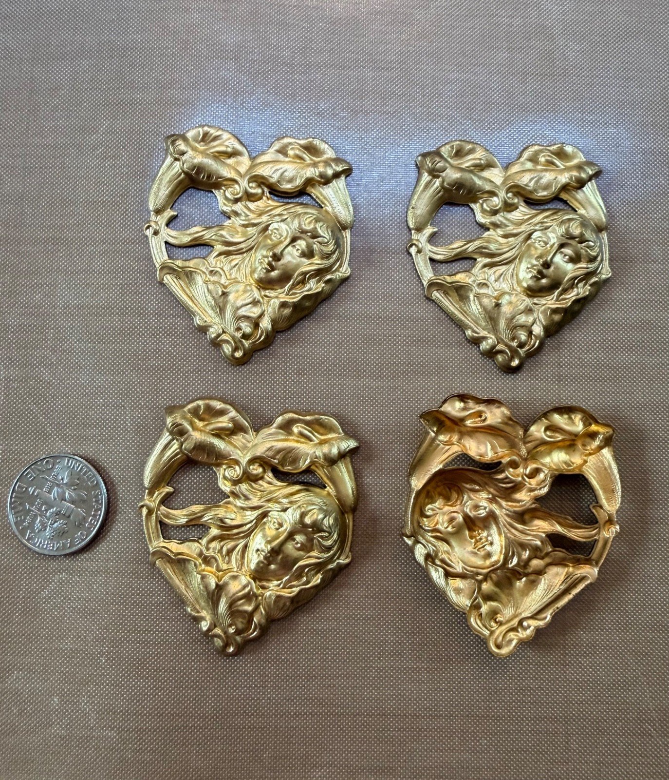 Lot 4 Vintage Solid Brass Art Nouveau Lady Calla Lily High Relief Stampings 46mm