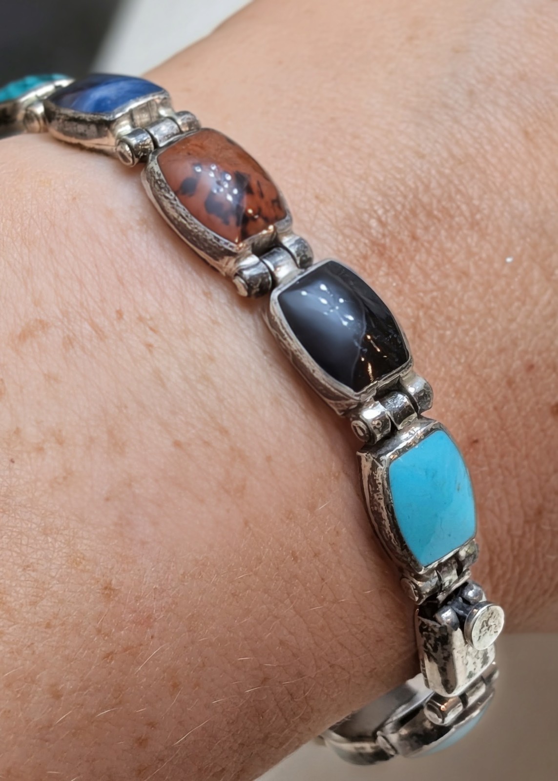 Vintage Taxco Mexico 950 Silver Multi Stone Inlay Link Bracelet 7.5″ 27.6g TJ-88