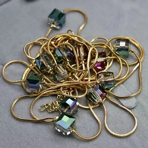 14k Gold Plated Long Sweater Necklace Made Simulated Diamond Aurora Borealis