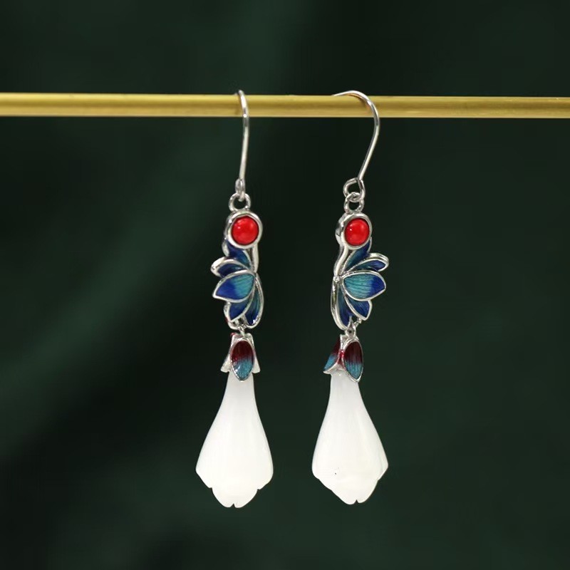 Jade Flower Earrings Enamel Drop Dangle Long Chinese Style Ethnic Women