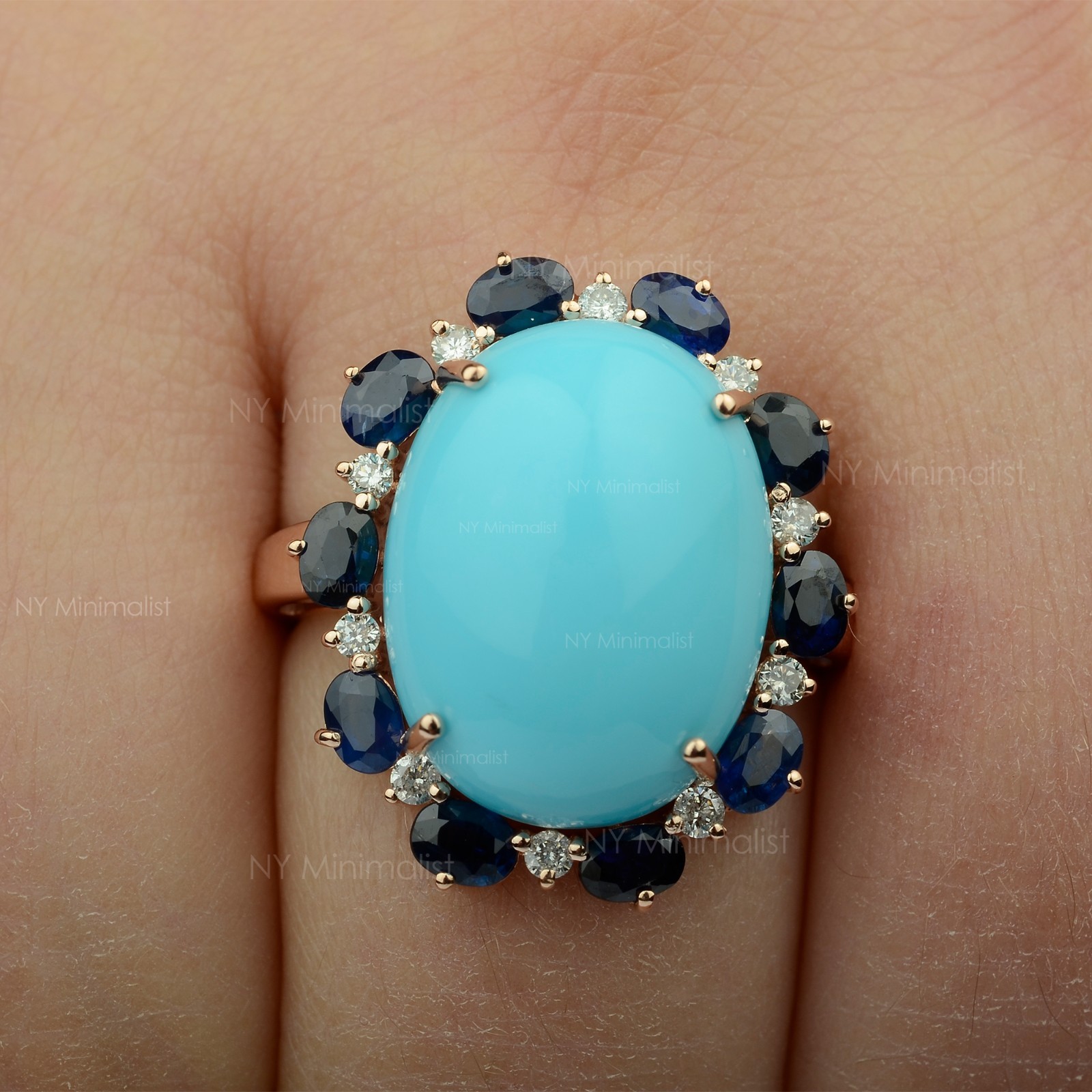 14K Solid Gold Genuine Oval Turquoise Blue Sapphire and Diamond Engagement Ring