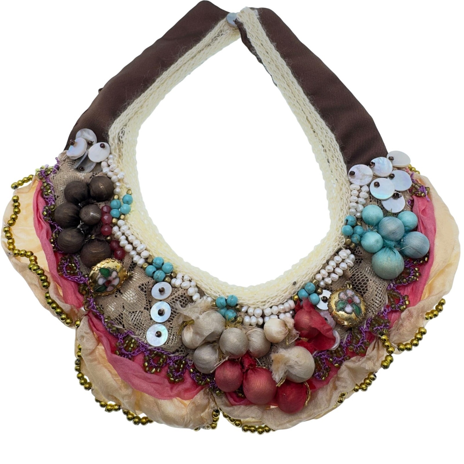 Boho Handmade Turkish Bib Collar Statement Necklace Rustic Fiber Lace Fabric