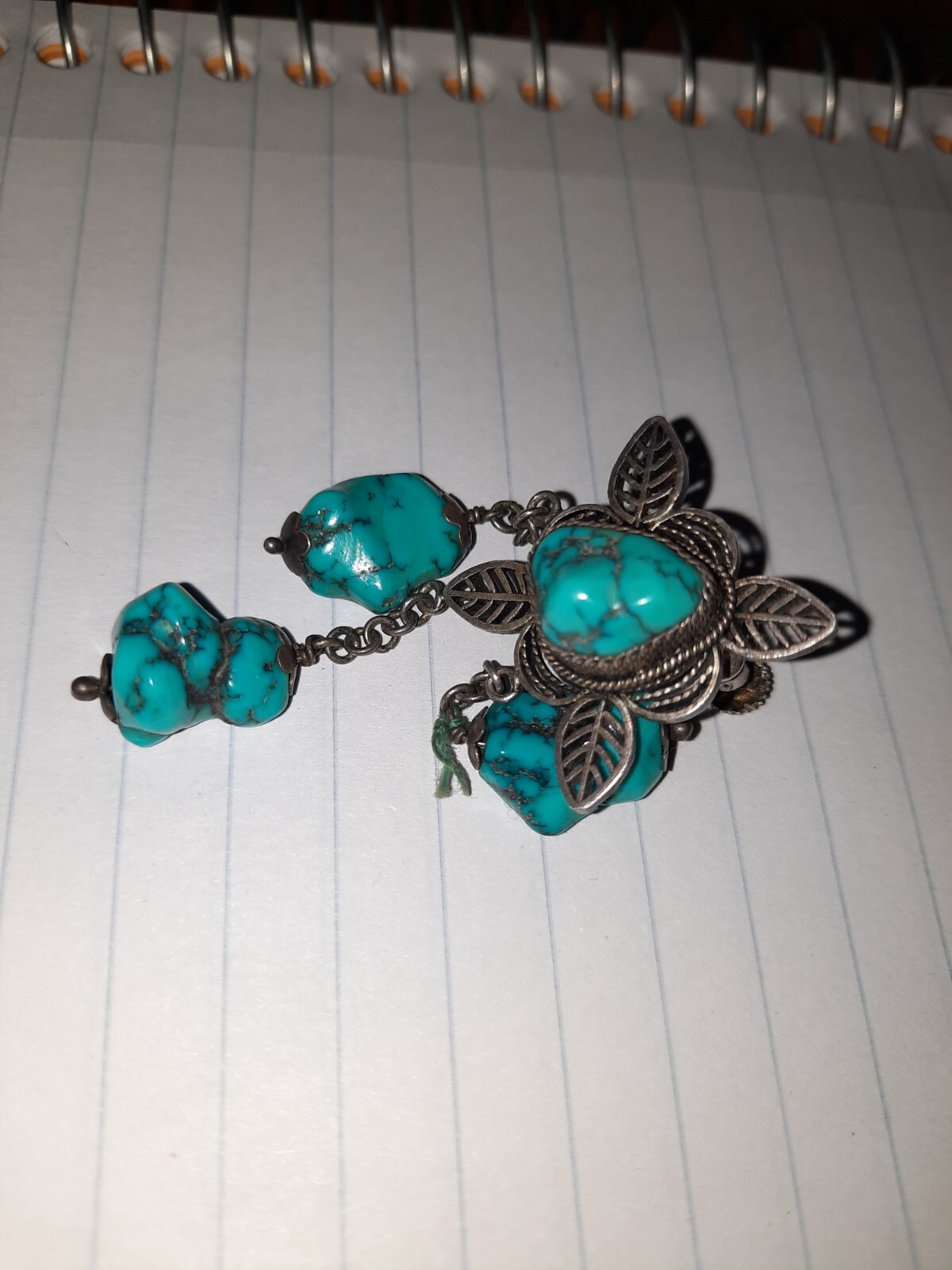 Antique Vintage Chinese Export Turquoise 800 Silver Filigree Earrings Chandelier
