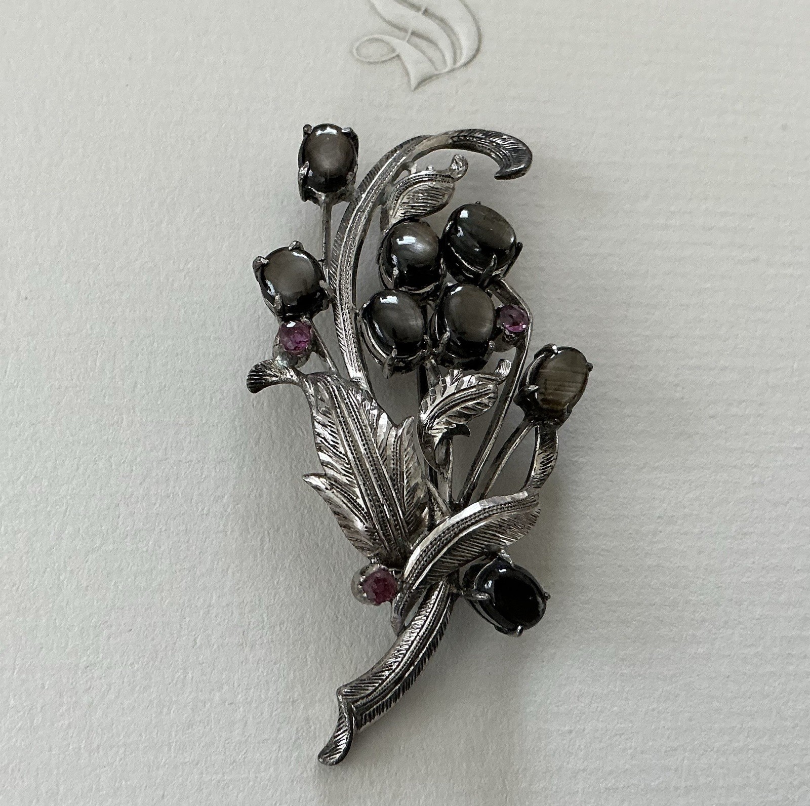 Vintage Sterling Black Star Sapphire & Ruby Floral Bouquet Brooch Pin
