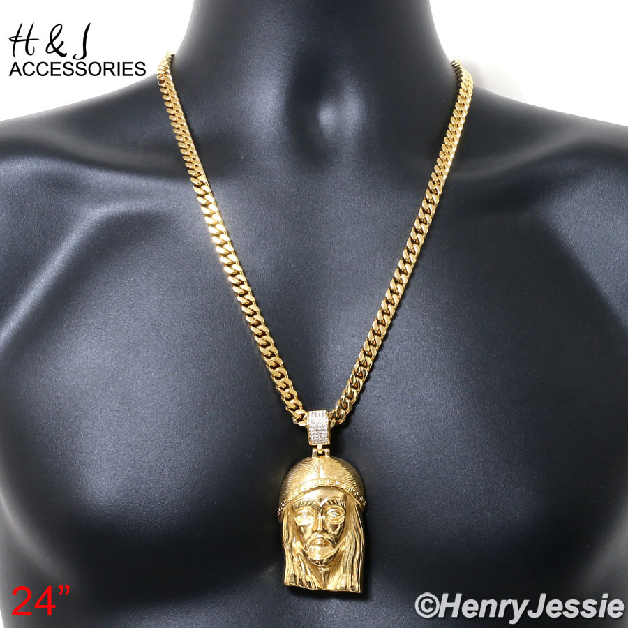18-40″Stainless Steel 7mm Gold Plated Miami Cuban Chain BIG CZ Jesus Pendant*143